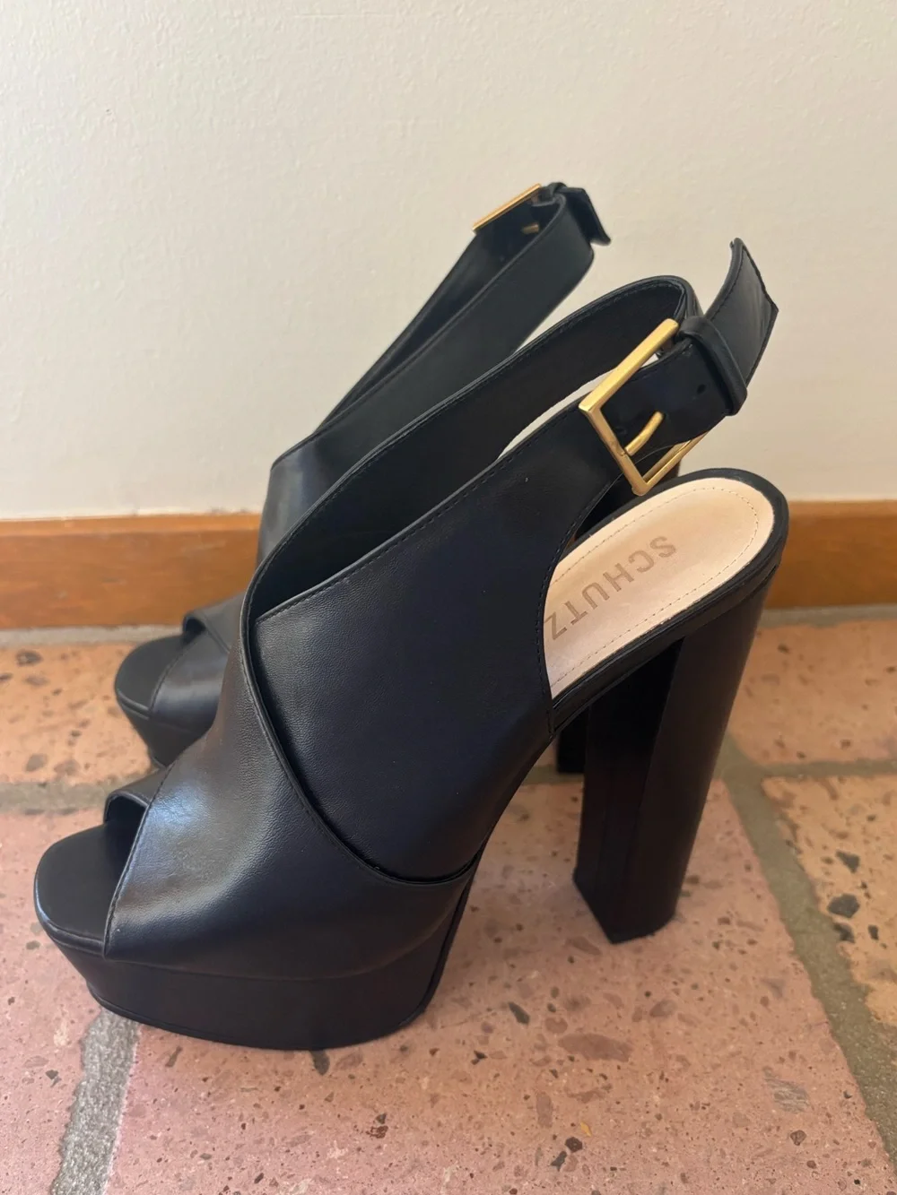 Schutz Priscila Slingback Sandals Black Napa Leather Platform Heels